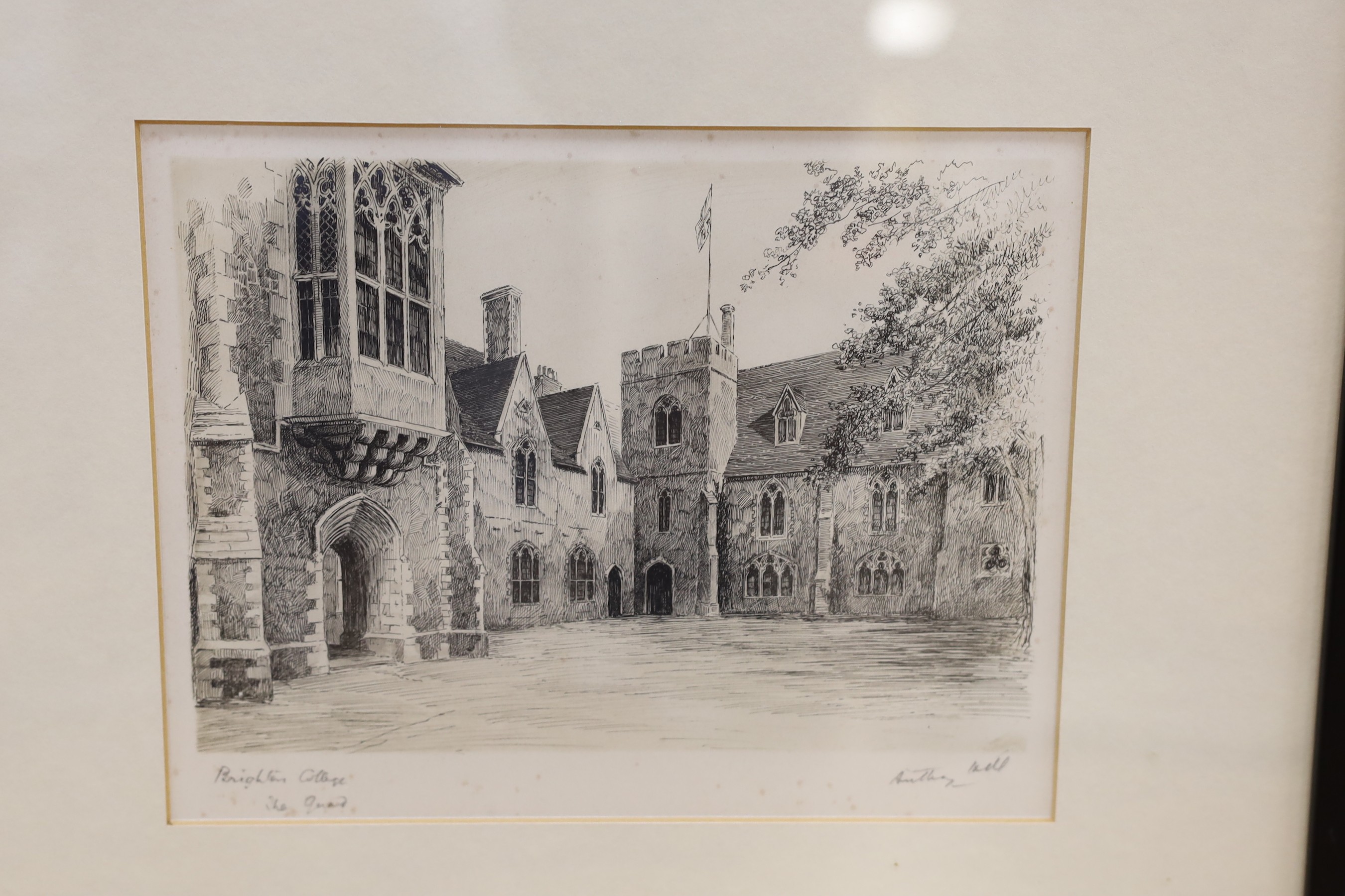 Anthony Hill (1930-2020), three etchings, Views of Brighton College, 16 x 21cm, with four other assorted views of the college